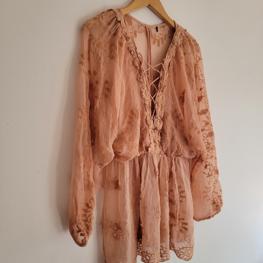 Free People Lace Dress Tunic Lace Up S/M Hippie Boho Renaissance Festival Breezy - Picture 2 of 14